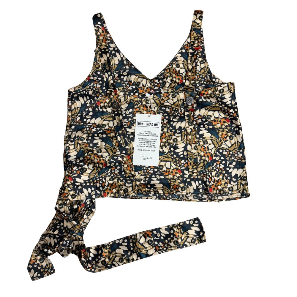 Wildfang Empower Satin Cami Butterfly Print Tan Orange Black | Size S | NWT